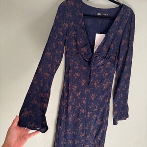NWT Zara Womens Floral Print Long Sleeve Maxi Dress Boho Navy Size Small New